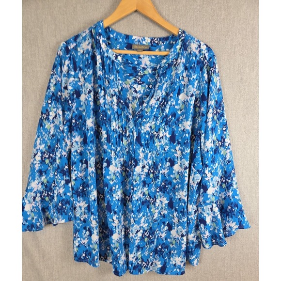 Style & Co. Tops - Style & Co Blouse‎ 2X Pleated V Neck Ruffle Sleeve Tunic Floral Blue Boho Flowy